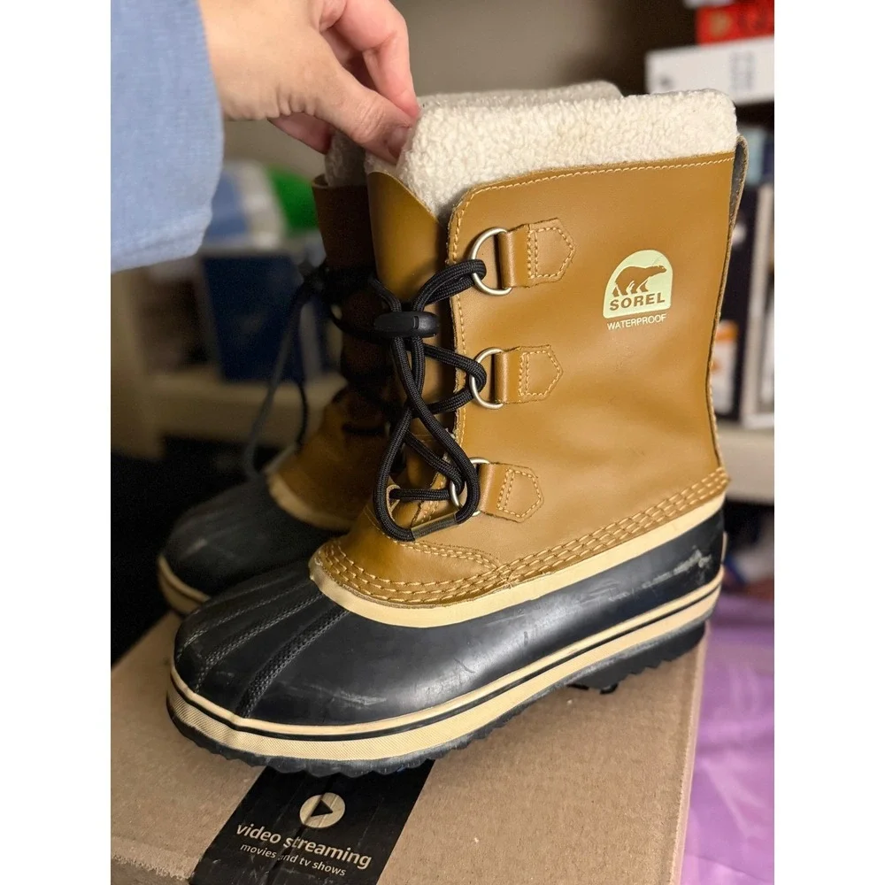 Sorel Yoot Pac Nylon Waterproof‎ Snow Rain Boot Tan Black Faux Fur Women's 5